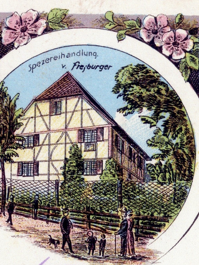 Postcard of the Freyburger's grocery from 1904
