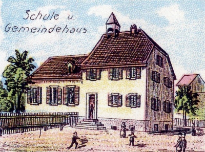 Carte postale de 1904, l'école et la maison communale